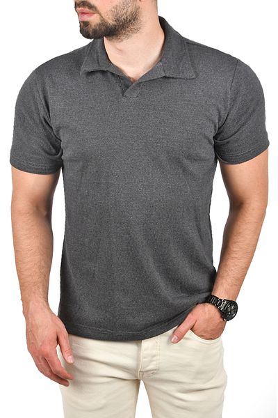 DeepSEA Men's Anthracite Slim Fit Cotton Polo Neck T-Shirt Slim Fit Knitted Fabric T-Shirt 2501203