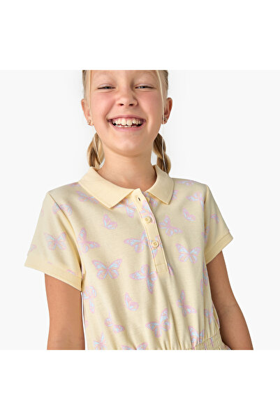 Juniors Butterfly Print Polo Collar Dress with Short Sleeves and Smocked Detail