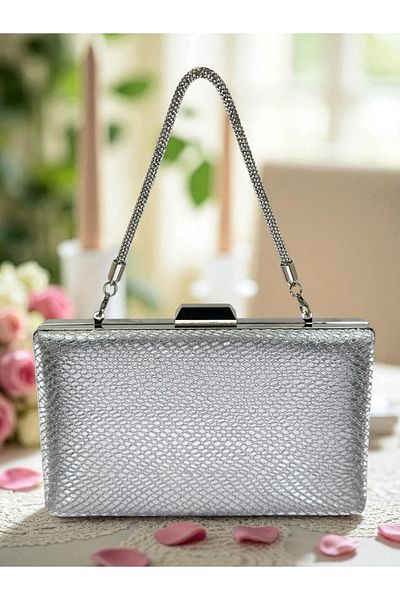Biçanta Silver Gray Lame Color Laser Snake Pattern Women's Evening Dress Bag Evening Bag Wedding Engagement Portfolio
