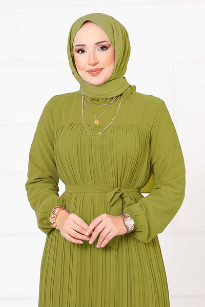 EBRUTESETTÜR Belted Pleated Chiffon Hijab Dress