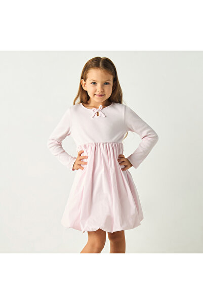 Juniors Solid A-line Dress with Bow Detail and Long Sleeves
