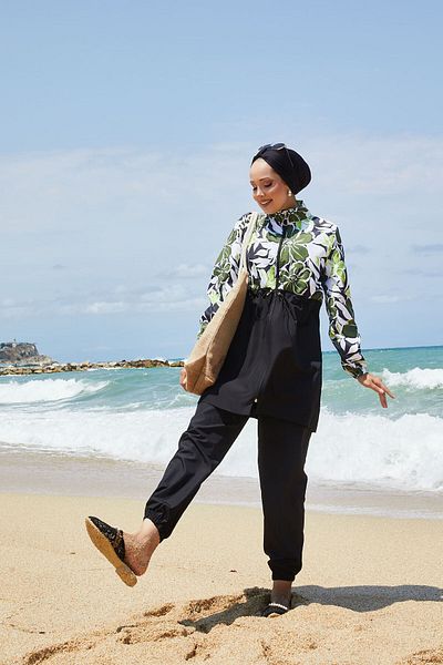 EBRUTESETTÜR Drawstring Waist Floral Pattern Hijab Swimsuit
