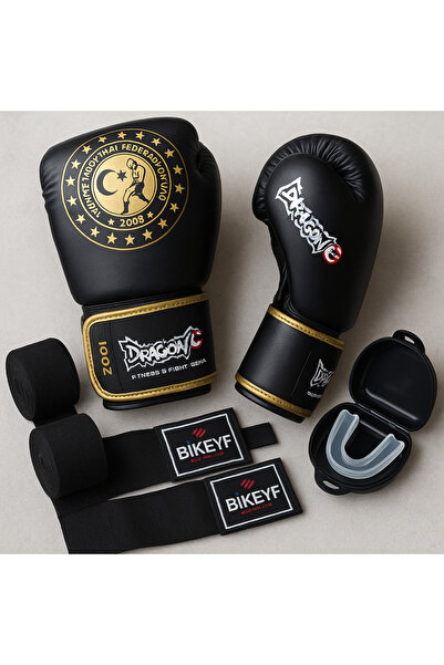 Dragondo Martina Boks Eldiveni + Bandaj + Dişlik 3'lü Set | Kickboks Muay Tha...
