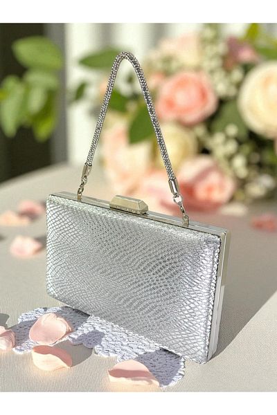 Biçanta Silver Gray Lame Color Laser Snake Pattern Women's Evening Dress Bag Evening Bag Wedding Engagement Portfolio
