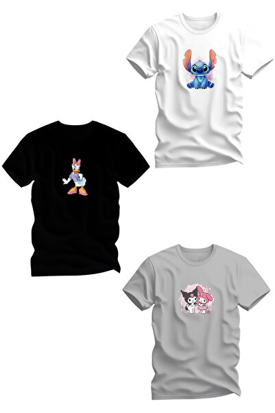 Maki Home Τριπλό εμπριμέ χτενισμένο βαμβακερό κορίτσι Λευκό Μαύρο Γκρι Μπλουζ...