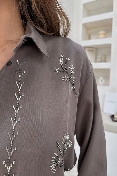 MİA NOURA Women's Front Bead Embroidered Shirt Pants Set