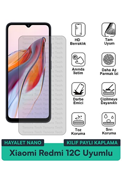 Milat Tech غطاء حماية شاشة متوافق مع هاتف Xiaomi Redmi 12C Hayalet Nano مقاوم...