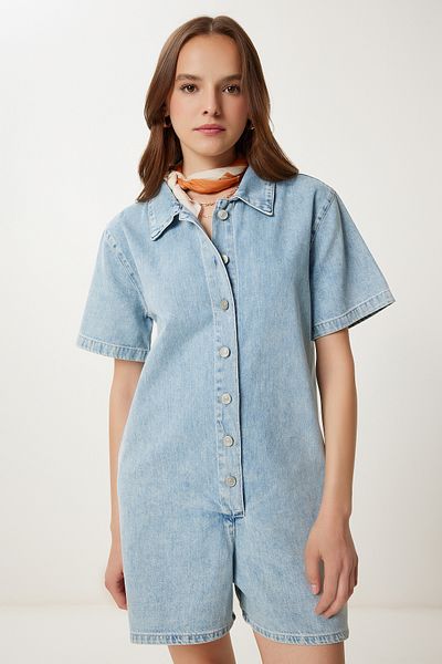 Lovelyİstanbul Wide Fit Denim Shorts Jumpsuit Lfg0039 Light Blue