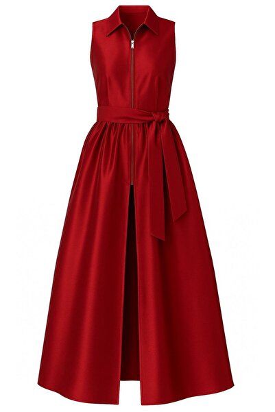 MERT ERKAN Önden Separe Fermuar Detaylı & Kuşaklı Kolsuz Maxi Tafta Elbise