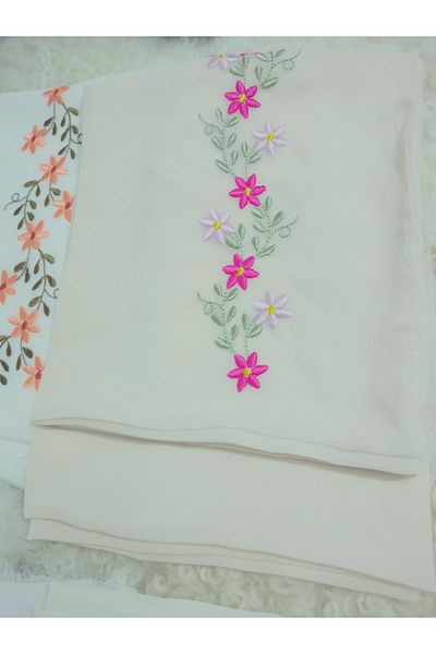 hoaryage Elegant Flower Pattern Embroidered Crepe Fabric Prayer Cover, Dowry Mevlit Headscarf Without Needlework