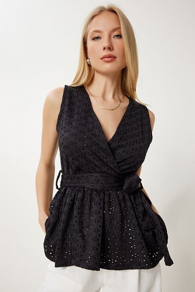 Lovelyİstanbul Wrap Collar Openwork Knitted Blouse Lzv0015 Black