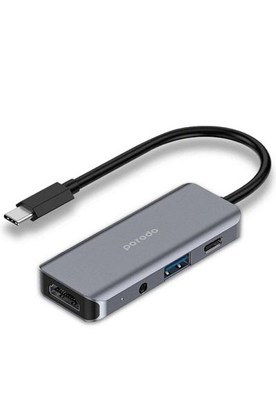 porodo 4 In1 USB-C Hub Type-C PD 100W HDMI USB 3.5mm Aux Grey