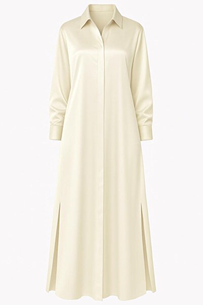 MERT ERKAN A-Line/Oversize Fit Maxi Satin Shirt Dress with Side Slit Detail