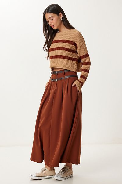 Lovelyİstanbul Double Belted Flared Woven Skirt Lrg0033 Brown