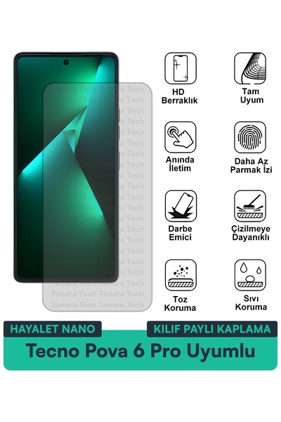 Milat Tech غطاء حماية شاشة متوافق مع هاتف Tecno Pova 6 Pro Hayalet Nano مقاوم...