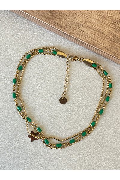 Rupen Kraft 316 L Surgical Steel 3 Row Chain Green Enamel Stainless Tarnish Steel Anklet