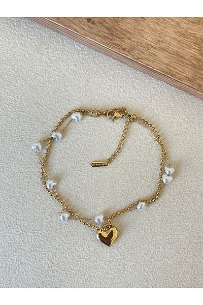 Rupen Kraft 316 L Surgical Steel Pearl Double Chain Heart Gold Model Stainless Steel Anklet