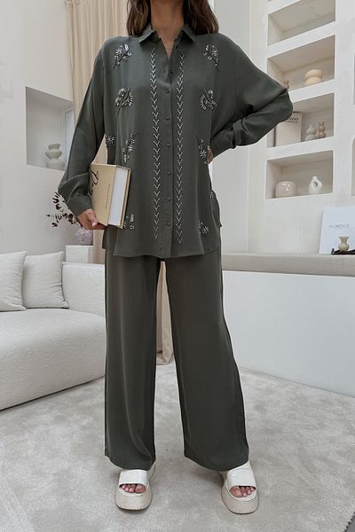 MİA NOURA Women's Front Bead Embroidered Shirt Pants Set