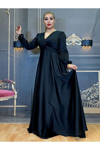 Yeşilmoda Evening Dress,Women'S, Maxi,Satin Fabric,Flared,V-Neck,Long Sleeve,Black,Draping,High Quality,Lined