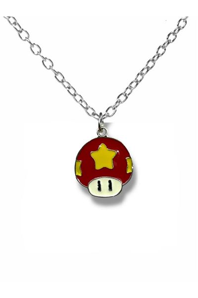 Herşey Nota Super Mario Red Power-Up Star Necklace – Unisex Jewelry with Shiny Metal Game Figure with 60 cm Chain