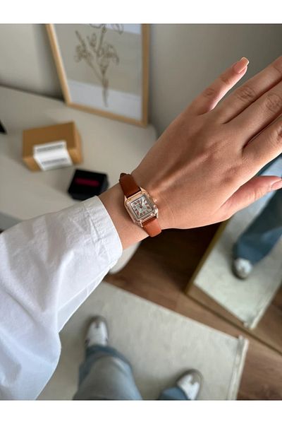RoseandRoses Cessia Square Minimal Leather Strap Tan Cord (Gold Case White Dial)