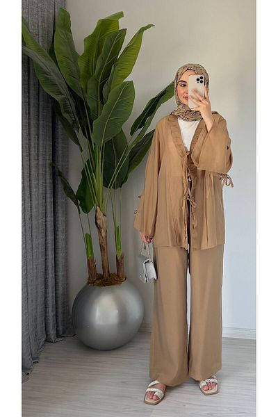 Molly Nelly Women's Summer Cotton Voile Lined Lace Detailed Trousers Blouse Set