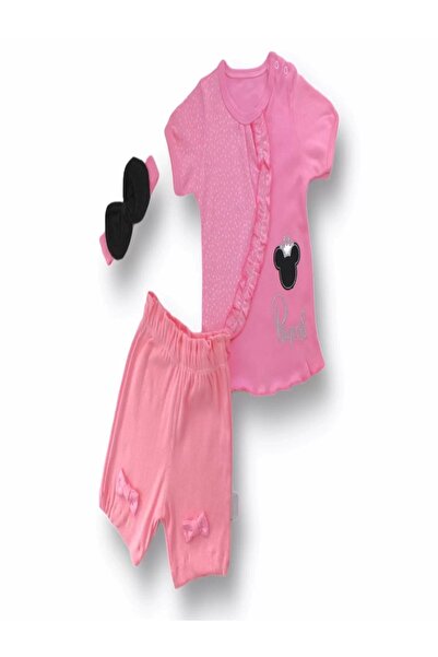 The LOG INVEST Princess Crowned Mickey Embroidered Shorts T-Shirt 3-Piece Baby Girl Set Pink