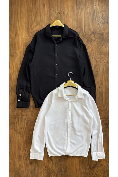 Burlu Pack of 2 Black and White Textured Aerobin Linen Oversize Shirts