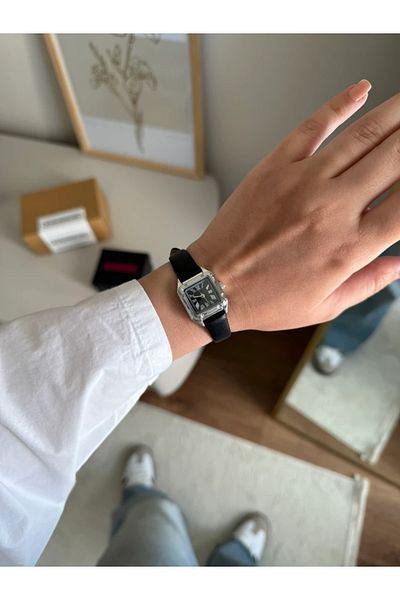 RoseandRoses Cessia Square Minimal Leather Strap Black Cord (Silver Case Black Dial)