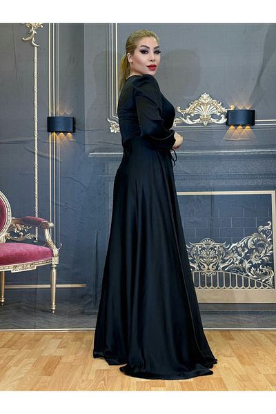 Yeşilmoda Evening Dress,Women'S, Maxi,Satin Fabric,Flared,V-Neck,Long Sleeve,Black,Draping,High Quality,Lined
