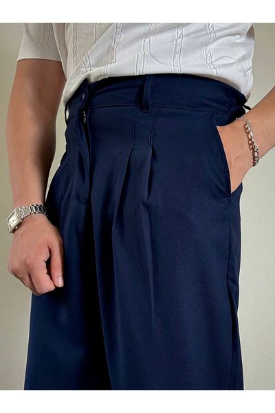 Arvens Men's Navy Blue Pleated Fabric Trousers Modern Buttoned Stylish and Stylish Suitable for Daily Use