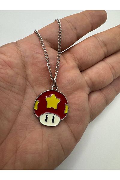 Herşey Nota Super Mario Red Power-Up Star Necklace – Unisex Jewelry with Shiny Metal Game Figure with 60 cm Chain