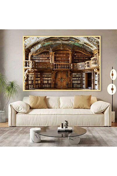 SND لوحة جدارية قماشية كانفس بتصميم مكتبة، اطار ذهبي 50×70 سم
