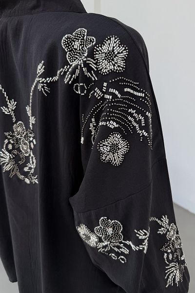 MİA NOURA Women's Kimono Back and Sleeves Beaded Tansel Fabric Kimono Pants Set