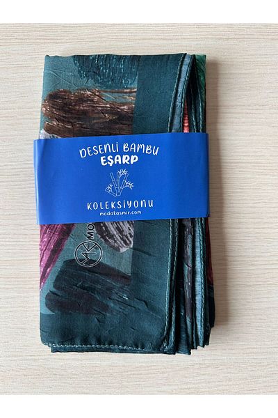 Modakaşmir Brush Pattern Bamboo Scarf (Green Tones)