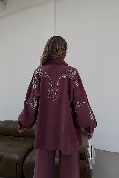 MİA NOURA Women's Kimono Back and Sleeves Beaded Tansel Fabric Kimono Pants Set