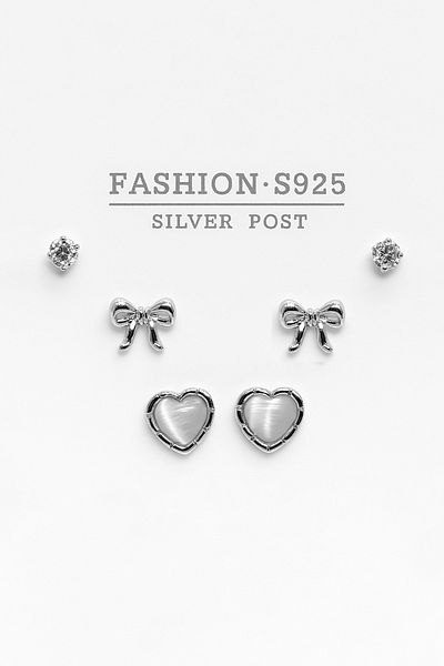 MakeWell Gold and Silver Colors 3-Piece Earring Set with 925S Sterling Silver Needle Heart and Bow Design