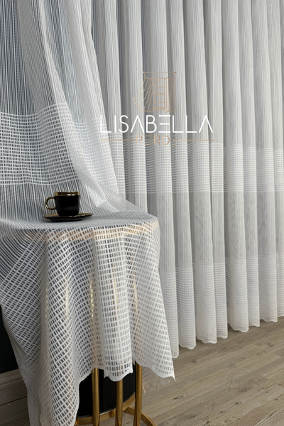 LisabellaHome Modernia White Knitted Tulle Geometric Reflection of the City's Elegance (No Pleats Straight Stitch)