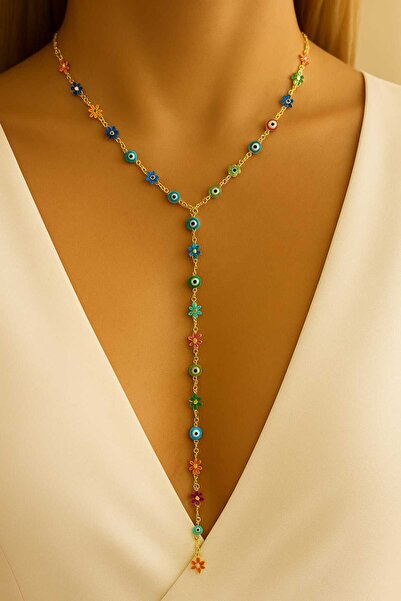 MODA MANANI Renkli Nazar Boncukları Ve Papatya Detaylı Şık Y Kolye