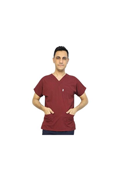 nutrix زي موحد للرجال من قماش الليكرا الناعم بأكمام خفاشية باللون الأحمر الداكن