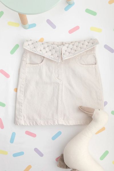 chipiques Fusta din denim pentru fetiță, cu talie, pliată, cu zirconiu, brodată