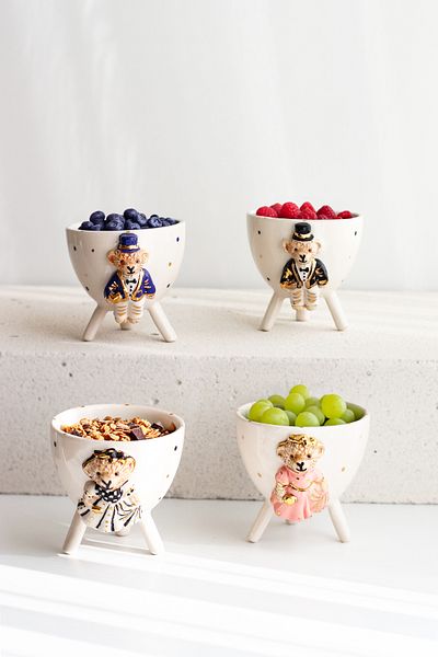 SİNEM YAMAN HOME Colorful Girl and Boy 4-Piece Set Teddy Bear Ceramic Presentation Bowl
