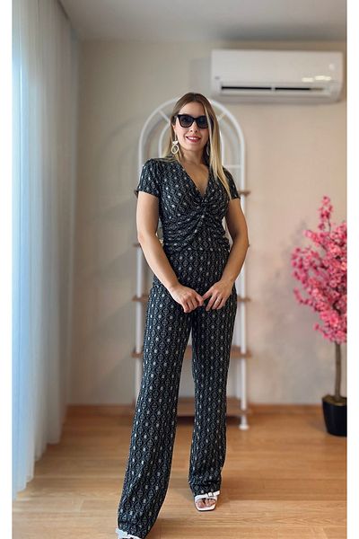 fidoş Women's Top and Bottom Set Crop Blouse with Chest Drawstring Detail and Elastic Waist Trousers