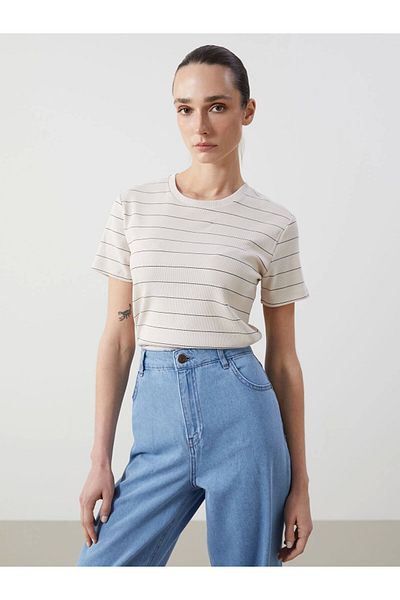 LC Waikiki Lcwaikiki Classic Beige Crew Neck Striped Women's T-Shirt