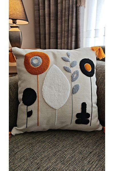 GLOMAR Husă de pernă Bohemian Punch Brodat Lenjerie Pardoseală Decorativă Modernă Pătrată Un singur Buc 43X43