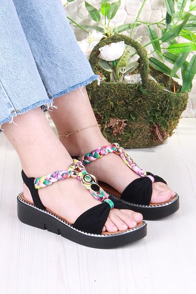 fort 079-513 Fls Buckle Detailed Rubber Tied Colorful Knitted Thick Sole Women's Sandals