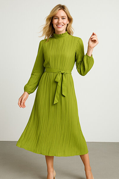 Noi Belis Olejově zelené maxi/dlouhé šifonové šaty s plisovanou tkanou podšívkou SS25EL0051