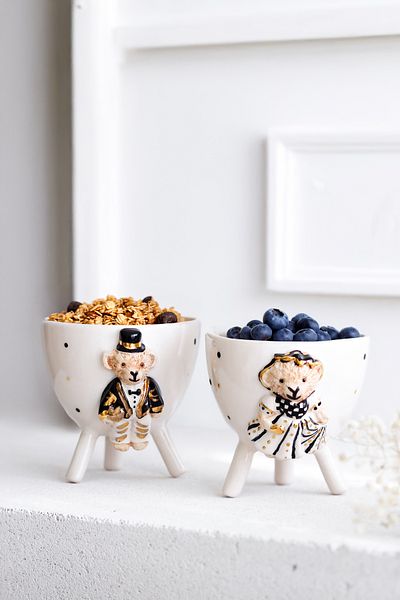 SİNEM YAMAN HOME Black Girl and Boy Bear 2-Piece Set Ceramic Presentation Bowl