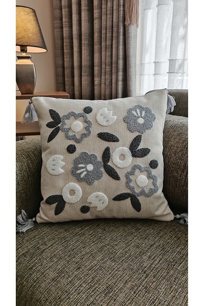GLOMAR Husă de pernă Bohemian Punch Brodat Lenjerie Pardoseală Decorativă Modernă Pătrată Un singur Buc 43X43
