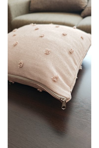 GLOMAR Milky Coffee Throw Pillow Case Pompom Linen Floor Curtain Fabric Decorative Modern Square Single Piece 43X43